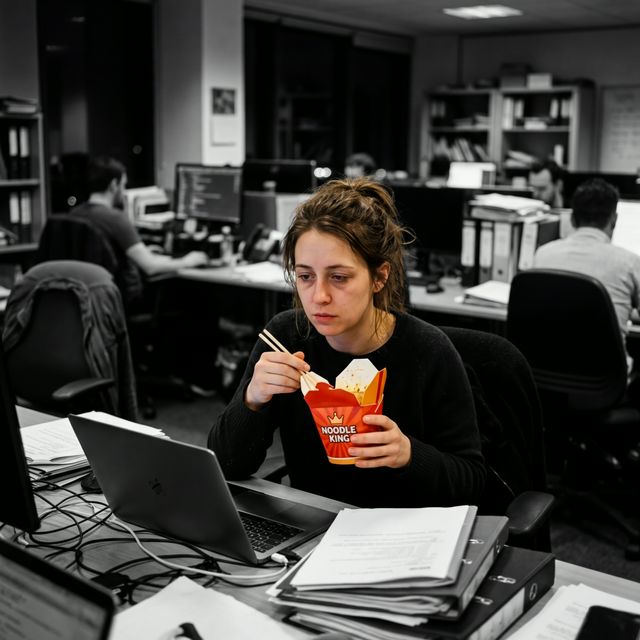Stressed woman eating takeout