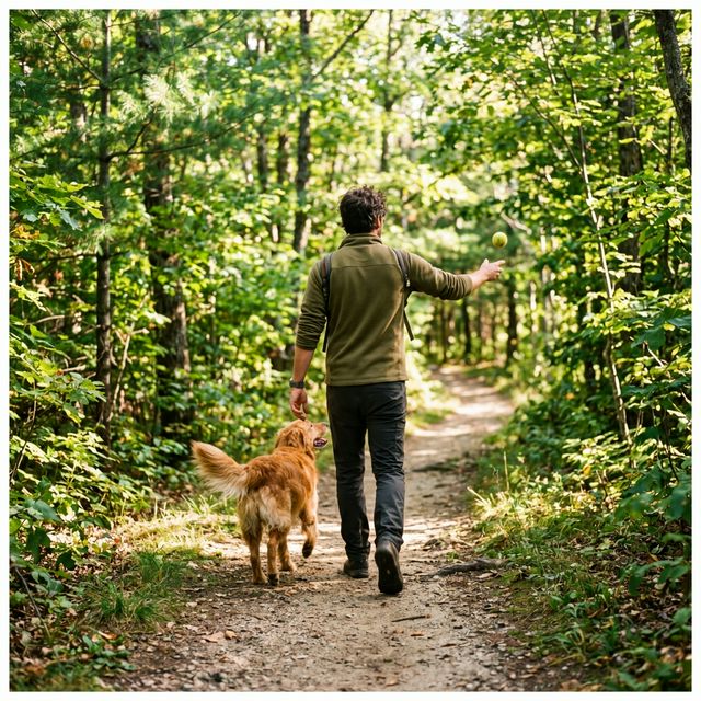 Golden retriever and owner walking forest trail