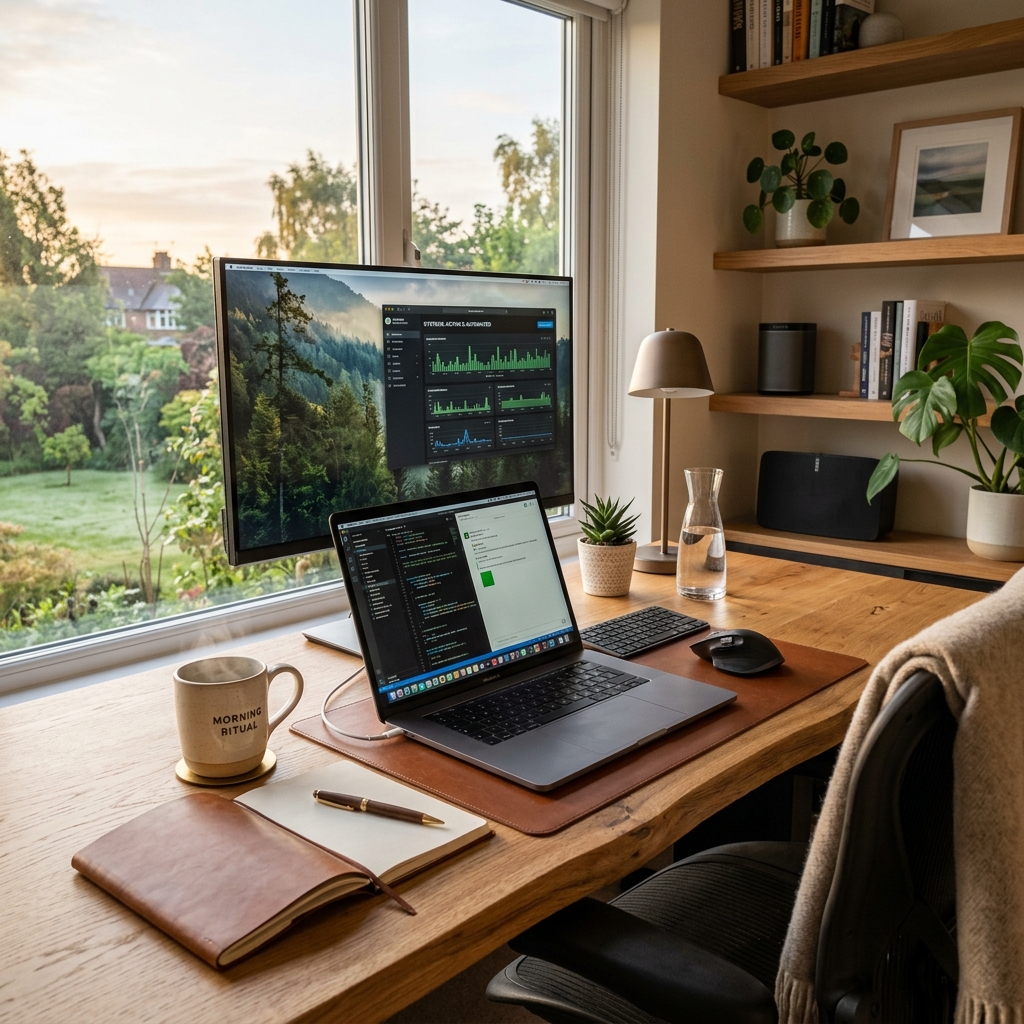 A calm, bright morning — the feeling of your business running itself while you enjoy your day